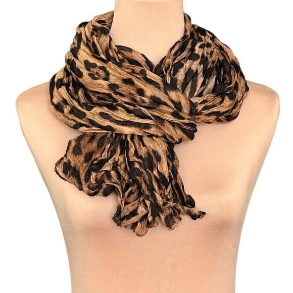 NEW Leopard Print Scarf Brown Black Crinkle Fabric Lightweight Animal Print - Picture 6 of 10